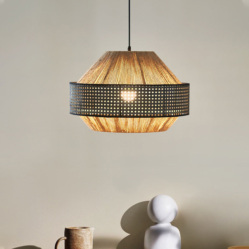Traditional Japanese Natural Hemp Rope & Rattan Round 1-Light Pendant Light For Bedroom & Living Room