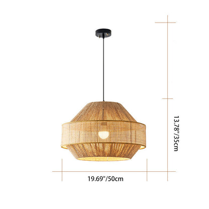 Traditional Japanese Natural Hemp Rope & Rattan Round 1-Light Pendant Light For Bedroom & Living Room