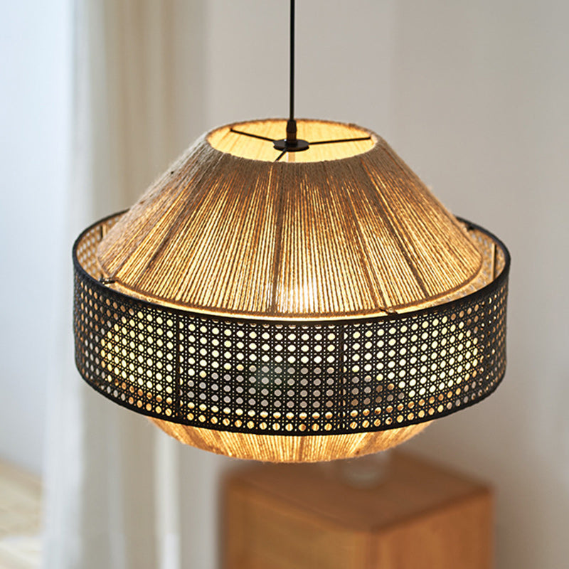 Traditional Japanese Natural Hemp Rope & Rattan Round 1-Light Pendant Light For Bedroom & Living Room