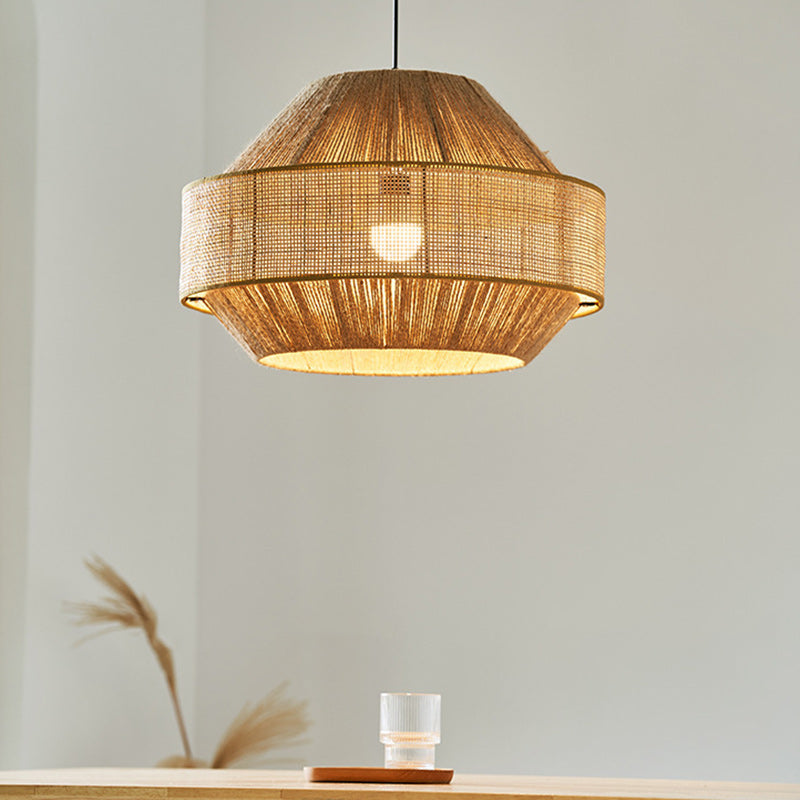 Traditional Japanese Natural Hemp Rope & Rattan Round 1-Light Pendant Light For Bedroom & Living Room