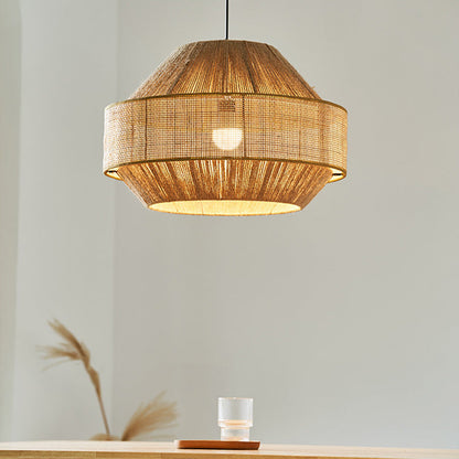 Traditional Japanese Natural Hemp Rope & Rattan Round 1-Light Pendant Light For Bedroom & Living Room