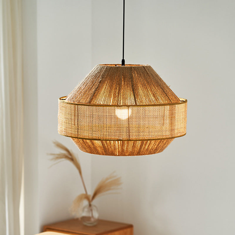 Traditional Japanese Natural Hemp Rope & Rattan Round 1-Light Pendant Light For Bedroom & Living Room