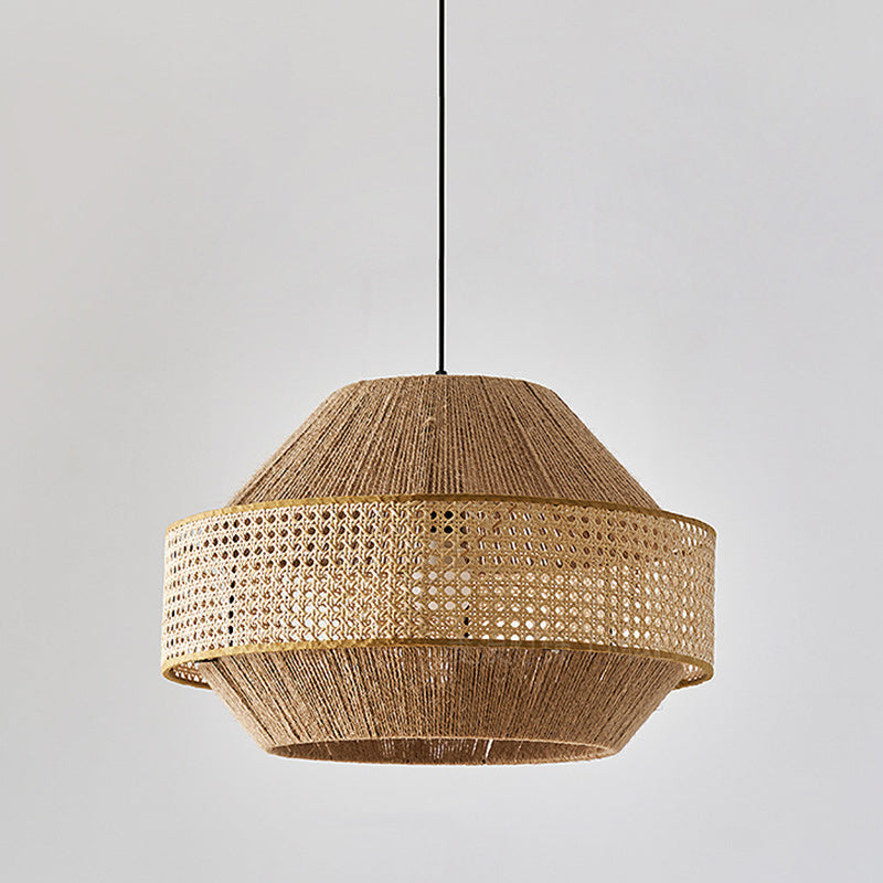 Traditional Japanese Natural Hemp Rope & Rattan Round 1-Light Pendant Light For Bedroom & Living Room