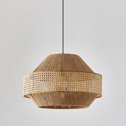 Traditional Japanese Natural Hemp Rope & Rattan Round 1-Light Pendant Light For Bedroom & Living Room