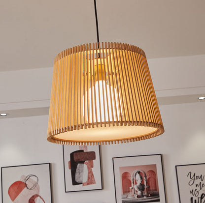 Traditional Japanese Linden Wood & Acrylic Barrel-Shaped 1-Light Pendant Light For Bedroom & Living Room