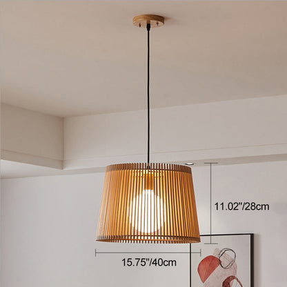 Traditional Japanese Linden Wood & Acrylic Barrel-Shaped 1-Light Pendant Light For Bedroom & Living Room