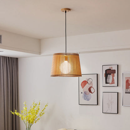 Traditional Japanese Linden Wood & Acrylic Barrel-Shaped 1-Light Pendant Light For Bedroom & Living Room
