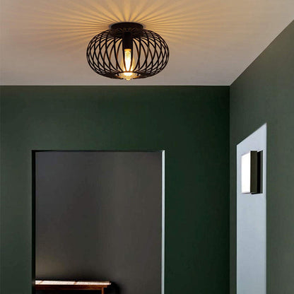 Modern Minimalist Iron Oval Lantern 1-Light Semi-Flush Mount Ceiling Light For Bedroom & Living Room