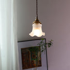 Modern Minimalist Brass & Glass Flower 1-Light Pendant Light For Bedroom & Living Room
