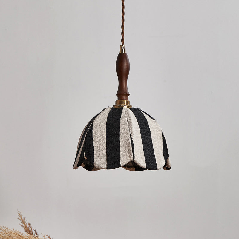 Modern Mid-century Fabric & Wood Wavy Dome 1-light Pendant Light for Bedroom & Living Room BulbSquare