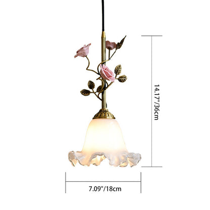 Traditional French Full Brass Glass Rose Dome 1-light Pendant Light for Bedroom and Living Room