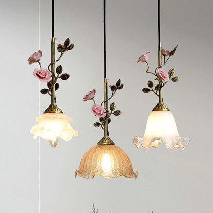 Traditional French Full Brass Glass Rose Dome 1-light Pendant Light for Bedroom and Living Room