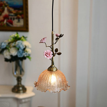Traditional French Full Brass Glass Rose Dome 1-light Pendant Light for Bedroom and Living Room