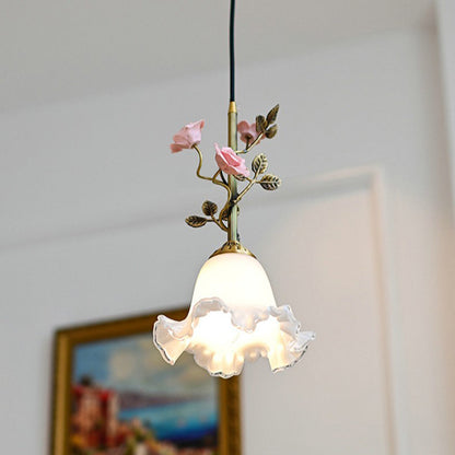 Traditional French Full Brass Glass Rose Dome 1-light Pendant Light for Bedroom and Living Room