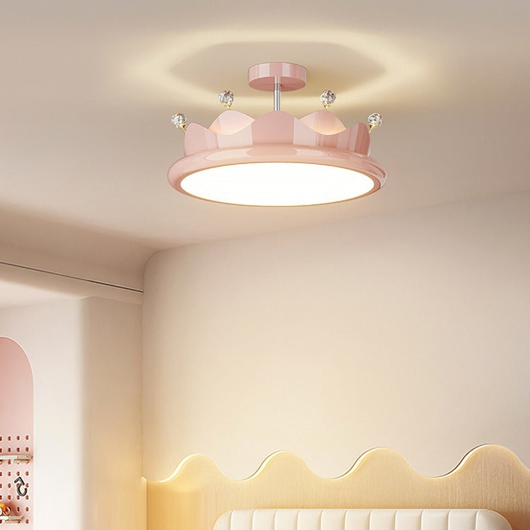 Contemporary Creative Iron Crystal Pe Round Crown LED Semi-flush Mount Ceiling Light for Bedroom