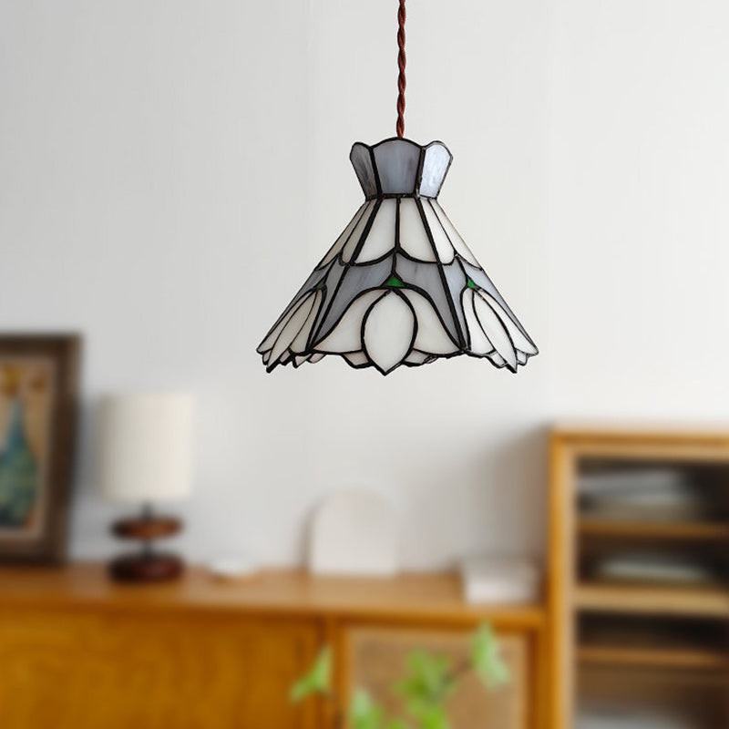 Traditional Vintage Copper Glass Cone-Flower 1-Light Pendant Light For Living Room