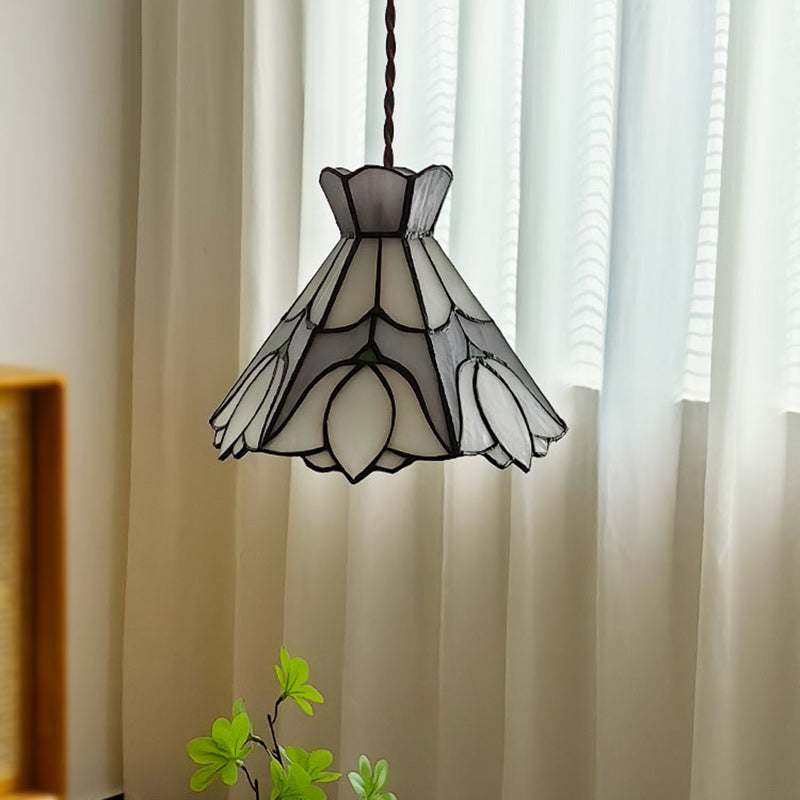 Traditional Vintage Copper Glass Cone-Flower 1-Light Pendant Light For Living Room