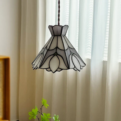 Traditional Vintage Copper Glass Cone-Flower 1-Light Pendant Light For Living Room