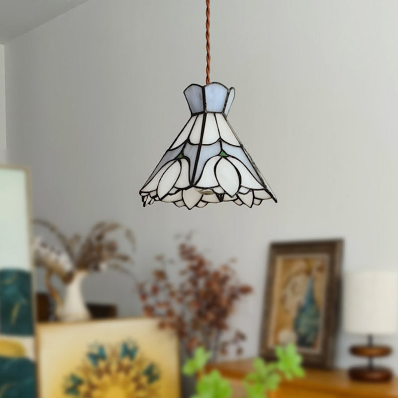 Traditional Vintage Copper Glass Cone-Flower 1-Light Pendant Light For Living Room