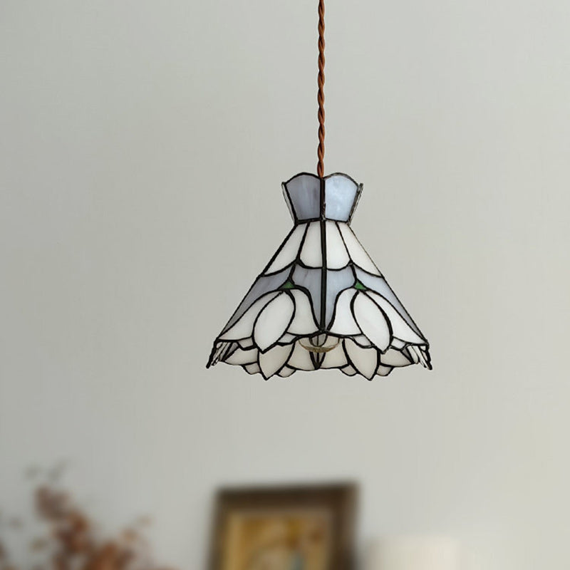 Traditional Vintage Copper Glass Cone-Flower 1-Light Pendant Light For Living Room