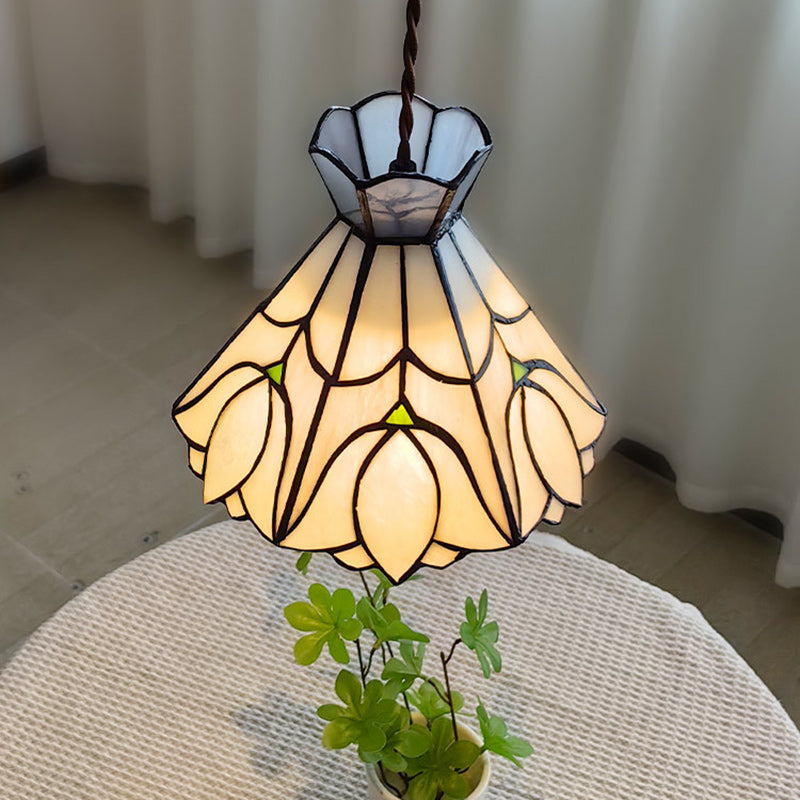 Traditional Vintage Copper Glass Cone-Flower 1-Light Pendant Light For Living Room