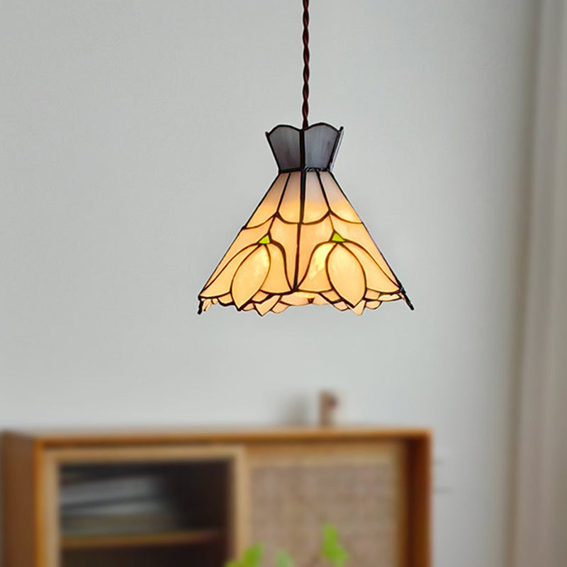 Traditional Vintage Copper Glass Cone-Flower 1-Light Pendant Light For Living Room