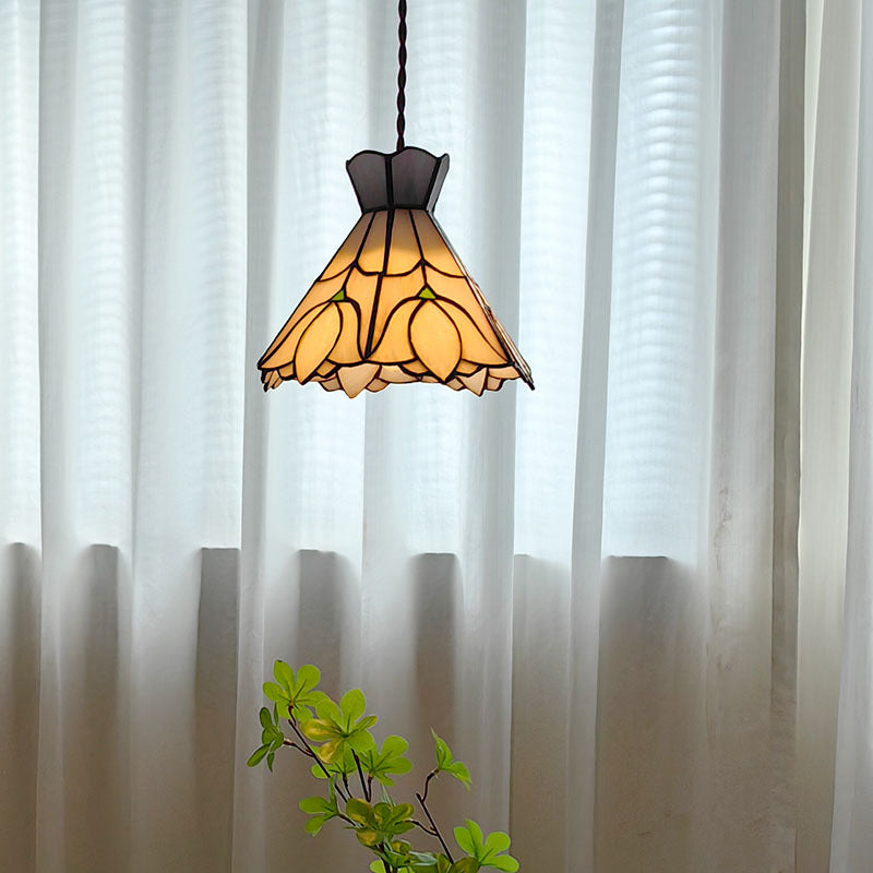 Traditional Vintage Copper Glass Cone-Flower 1-Light Pendant Light For Living Room