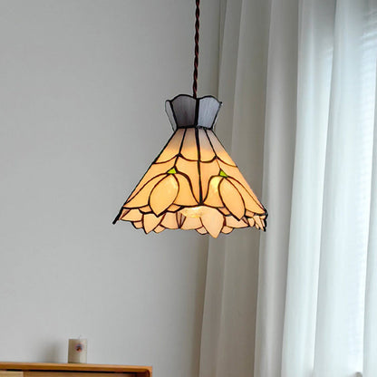 Traditional Vintage Copper Glass Cone-Flower 1-Light Pendant Light For Living Room