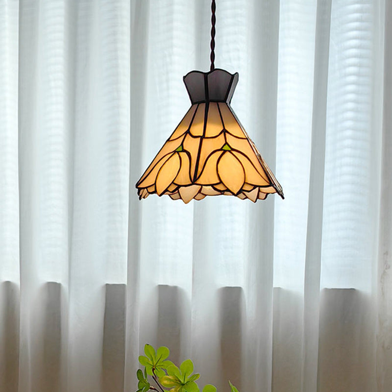 Traditional Vintage Copper Glass Cone-Flower 1-Light Pendant Light For Living Room