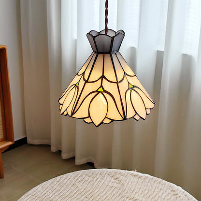 Traditional Vintage Copper Glass Cone-Flower 1-Light Pendant Light For Living Room