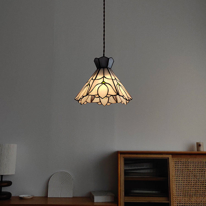 Traditional Vintage Copper Glass Cone-Flower 1-Light Pendant Light For Living Room