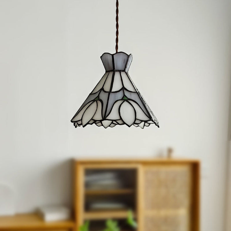 Traditional Vintage Copper Glass Cone-Flower 1-Light Pendant Light For Living Room