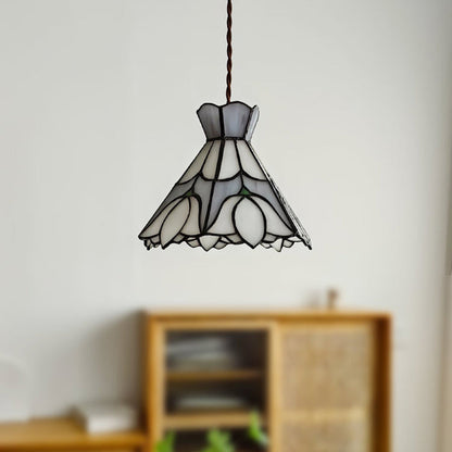 Traditional Vintage Copper Glass Cone-Flower 1-Light Pendant Light For Living Room