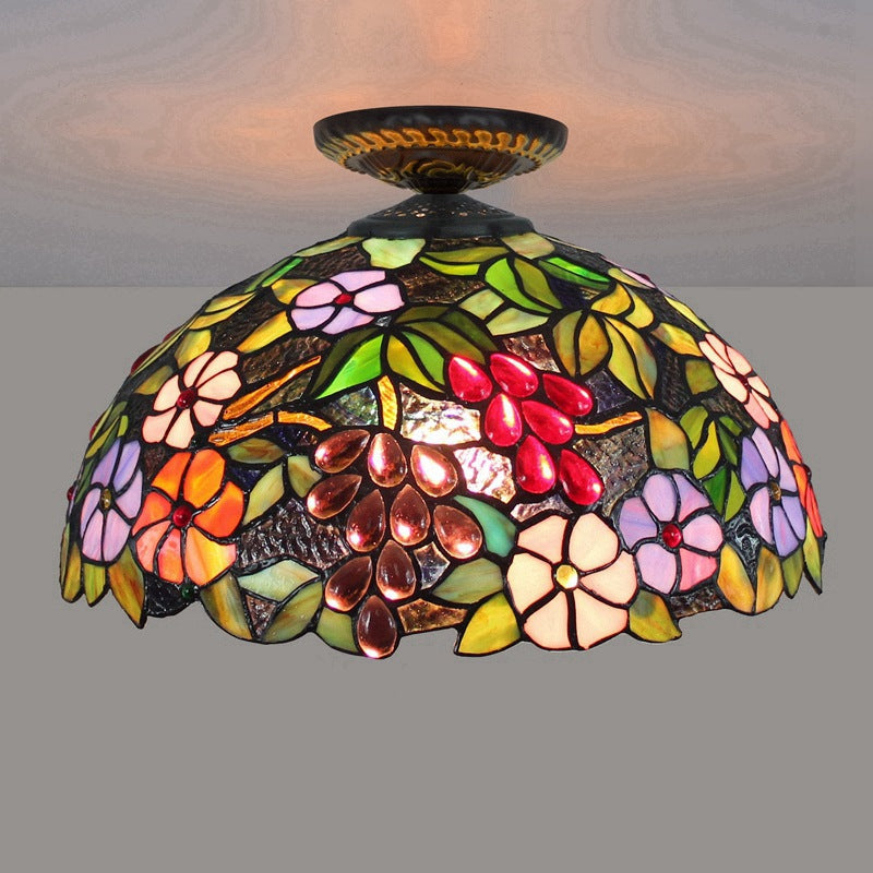 Traditional Tiffany Iron Colored Glass Floral Leaf Pattern Dome 1-Light Semi-Flush Mount Ceiling Light For Living Room