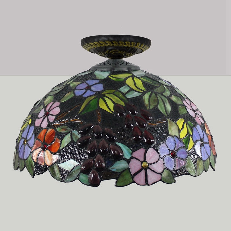 Traditional Tiffany Iron Colored Glass Floral Leaf Pattern Dome 1-Light Semi-Flush Mount Ceiling Light For Living Room