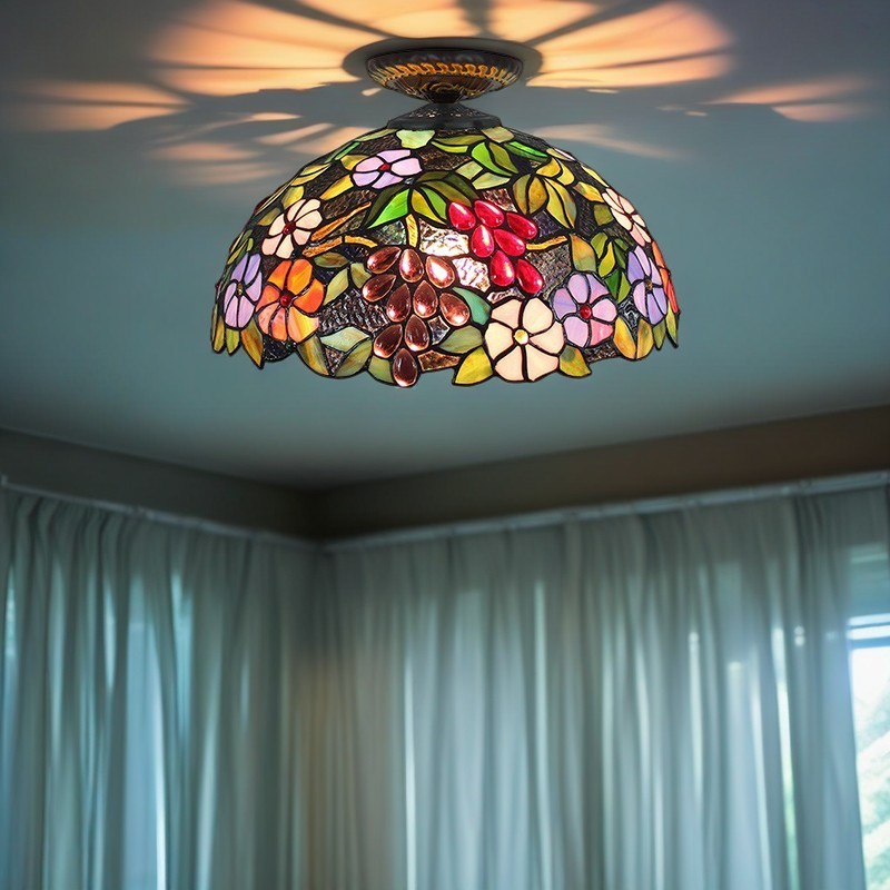 Traditional Tiffany Iron Colored Glass Floral Leaf Pattern Dome 1-Light Semi-Flush Mount Ceiling Light For Living Room