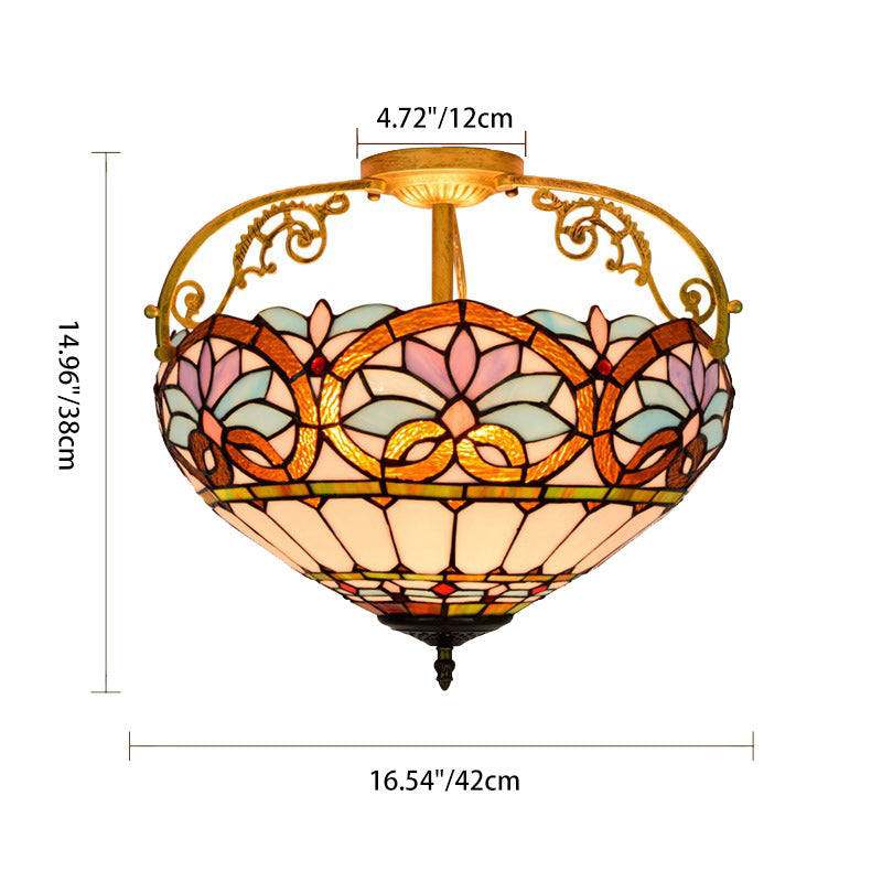 Traditional Tiffany Iron & Stained Glass Heart Dome Floral Pattern 3-Light Semi-Flush Mount Ceiling Light For Living Room