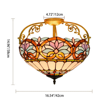 Traditional Tiffany Iron & Stained Glass Heart Dome Floral Pattern 3-Light Semi-Flush Mount Ceiling Light For Living Room