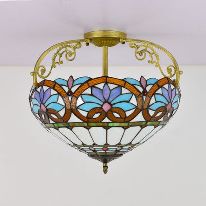 Traditional Tiffany Iron & Stained Glass Heart Dome Floral Pattern 3-Light Semi-Flush Mount Ceiling Light For Living Room
