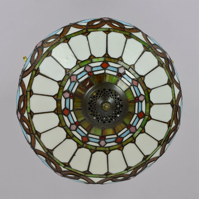 Traditional Tiffany Iron & Stained Glass Heart Dome Floral Pattern 3-Light Semi-Flush Mount Ceiling Light For Living Room