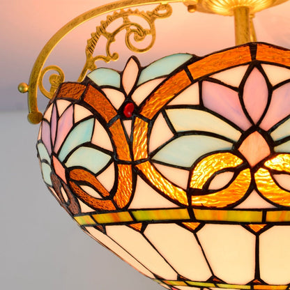 Traditional Tiffany Iron & Stained Glass Heart Dome Floral Pattern 3-Light Semi-Flush Mount Ceiling Light For Living Room