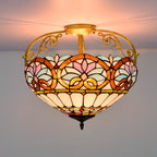 Traditional Tiffany Iron & Stained Glass Heart Dome Floral Pattern 3-Light Semi-Flush Mount Ceiling Light For Living Room