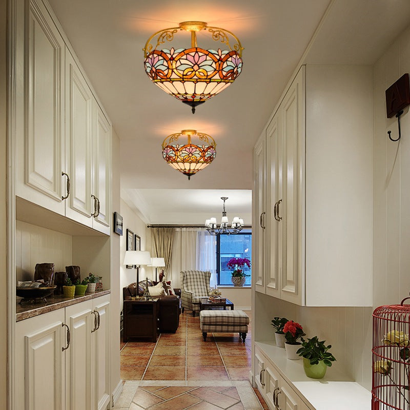 Traditional Tiffany Iron & Stained Glass Heart Dome Floral Pattern 3-Light Semi-Flush Mount Ceiling Light For Living Room