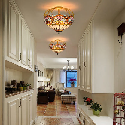 Traditional Tiffany Iron & Stained Glass Heart Dome Floral Pattern 3-Light Semi-Flush Mount Ceiling Light For Living Room