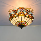 Traditional Tiffany Iron & Stained Glass Heart Dome Floral Pattern 3-Light Semi-Flush Mount Ceiling Light For Living Room