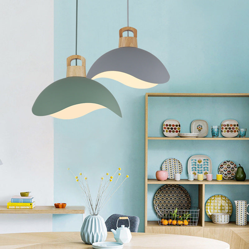 Modern Minimalist Aluminum & Wood Wavy Half-Round 1-Light Pendant Light For Living Room