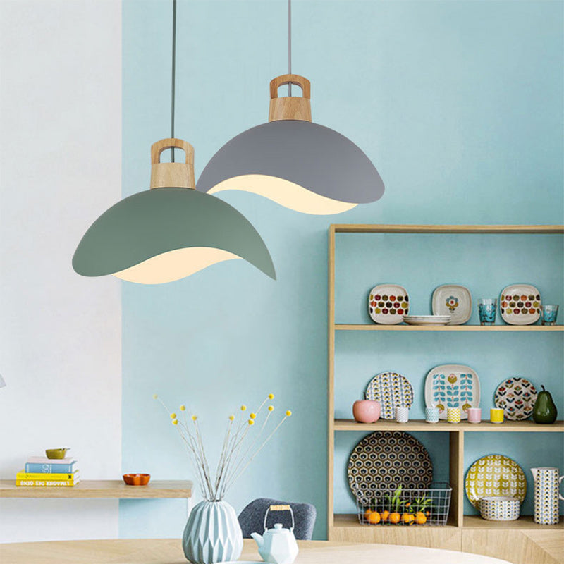 Modern Minimalist Aluminum & Wood Wavy Half-Round 1-Light Pendant Light For Living Room