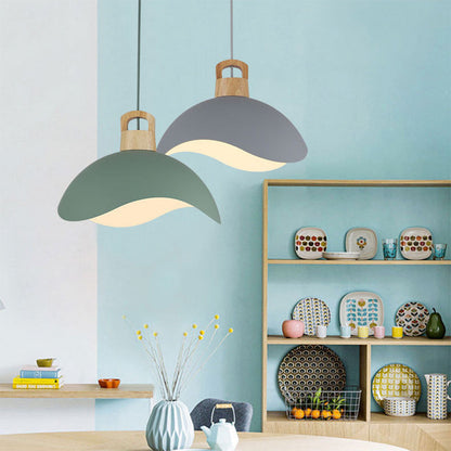 Modern Minimalist Aluminum & Wood Wavy Half-Round 1-Light Pendant Light For Living Room