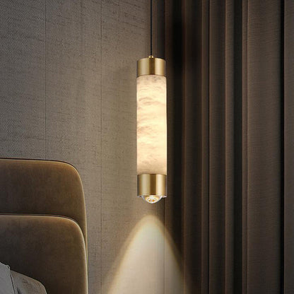 Contemporary Luxury Brass and Alabaster Cylinder LED Pendant Light for Bedroom