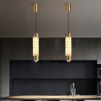 Contemporary Luxury Brass and Alabaster Cylinder LED Pendant Light for Bedroom